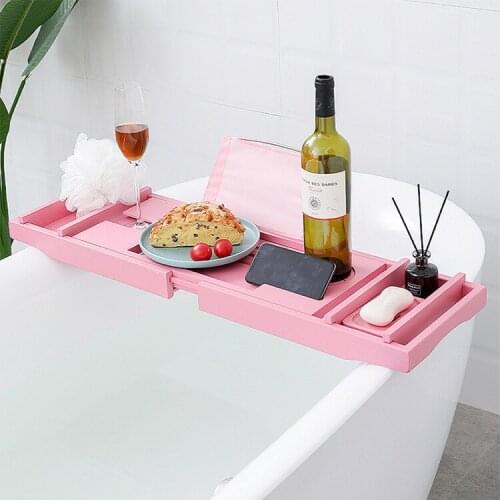 Pink bath rack scalable Nordic Light extravagance ins bamboo racks bath tub bath pillow wood bath tub tray