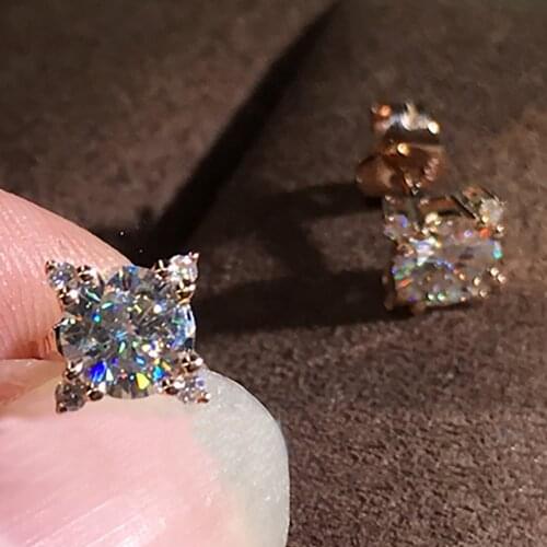 18K Rose Gold 4 Carat Stud Earrings Women Present Wedding Anniversary Engagement Party 2 ct Round Square Moissanite Diamond