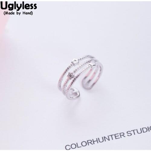 Uglyless 100% Real 925 Sterling Silver Stars Open Rings for Women 3 Layers Hollow Wide Finger Rings Lovely Girl Students Jewelry