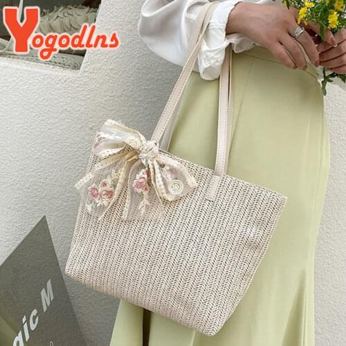 Yogodlns Summer Lace Straw Shoulder Bag Women Large Capcity Woven Totes Bag Casual Beach Bag Linen Bow Handbag Travel Lady Tote