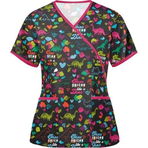 Nurse uniform Women Short Sleeve V-neck Tops Working Uniform Cartoon Print Blouse nurses uniform Scrubs Top медицинская одежда