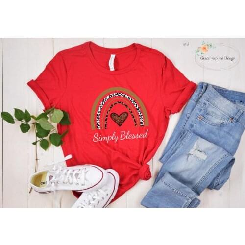 Simply Blessed Gratitude Leopard Rainbow Christian Friend Gift Funny Letter print Graphic O neck y2k Tshirt Ladies Drop shippin