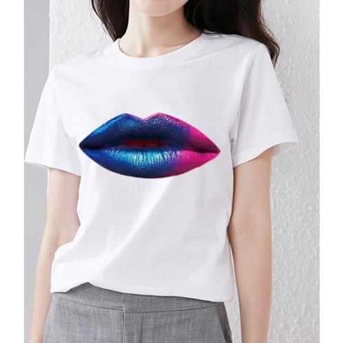 Womens T-shirt Fashion Sexy Lips Print Pattern Series Female Tops Tee Summer White O-neck Short-sleeved Womens Bottoming Shirt