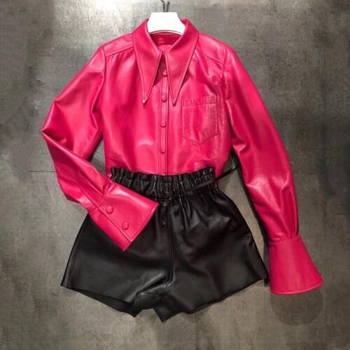 2021 New Womens Spring Coat Genuine Sheepskin Leather Shirt Pink Real Leather Long sleeve Jacket Female Outwear