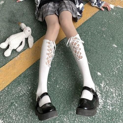 Women Lolita Socks Autumn Japanese Leggings Kawaii Anime Cotton Girl Sock Black White DIY Cross Bow Ribbon Cosplay Long Socks