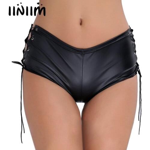 Iiniim Women Femme Briefs Panties Patent Leather Lace Up Hollow Out Side Underwear Evening Party Sexy Clubwear Pole Dance Shorts