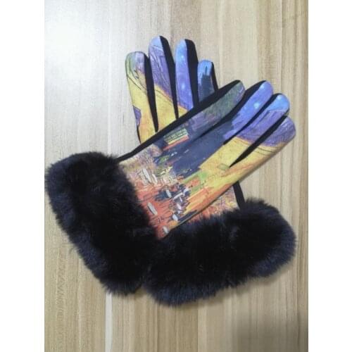 Women Winter Warm Fur Driving Mittens Vintage Van Gogh Oil Paint Coffee House Gloves Femme Suede Leather Party Guantes Mujer