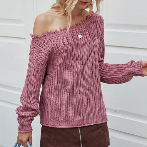Womens Sexy Sweater Autumn Winter Off Shoulder Slash Neck Knitting Shirt Long Sleeve Ruffles Neck Loose Casual Pullover Jumper