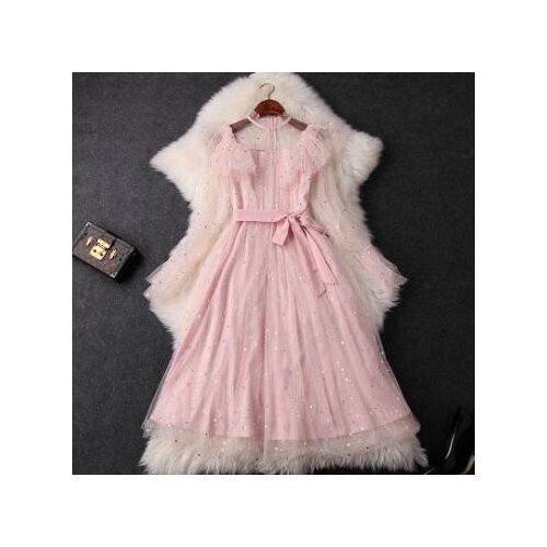 2019 spring and summer womens new star sequins trumpet sleeves waist ruffled super fairy mesh dressT3589