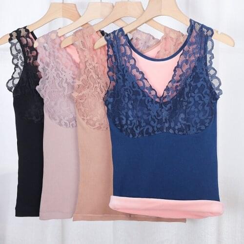 Winter Warm Lace Top Vest Women Thermal Underwear Thermo Plus Velvet Sexy Lace Fleece Tank Tops Ladies Body Shaping Warm Vest XL