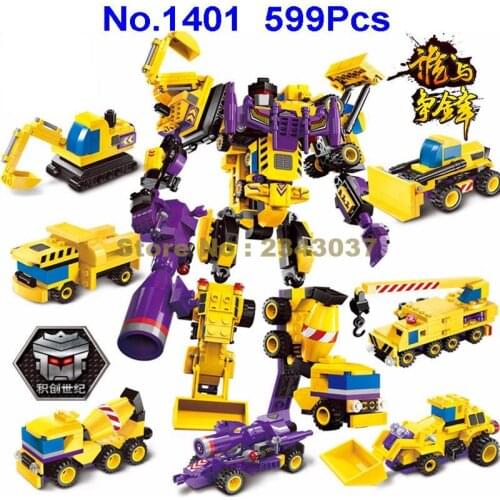 1401 599pcs 7in1 Urban Engineering Construction God Robot Engineering Vehicle Building Block Toy