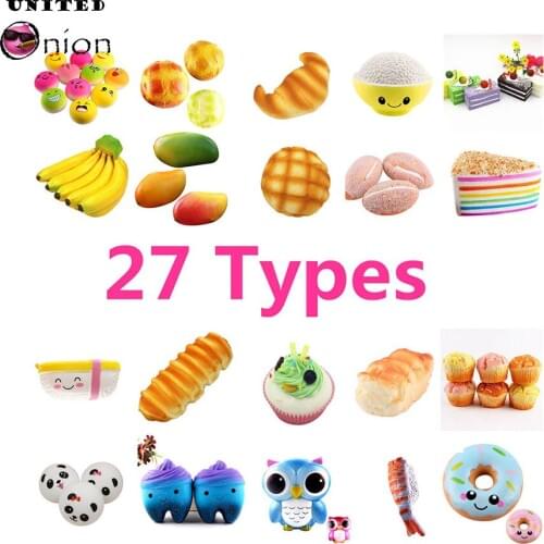 27 Types Jumbo Kawaii Banana Sushi Bread Cake Squishy Antistress Super Slow Rising Squeeze Soft Charm Scented Cake Kids Toy Gift