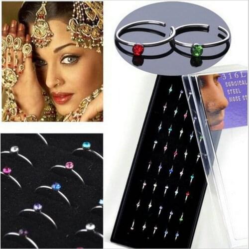 40Pcs/box hoop Nose Rings with crystal gem rhionstone Stainless Steel Body Piercing Jewelry fashion nose studs mix wholesale