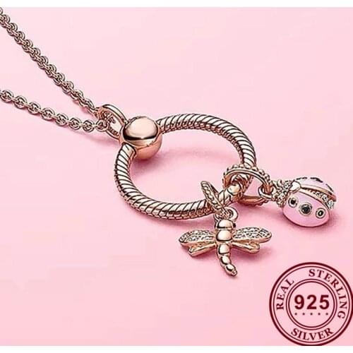 925 Sterling Silver Spring Rose Gold Insect Dragonfly Letter O Pendant Pan necklace Female For Women Wedding Fashion Jewelry