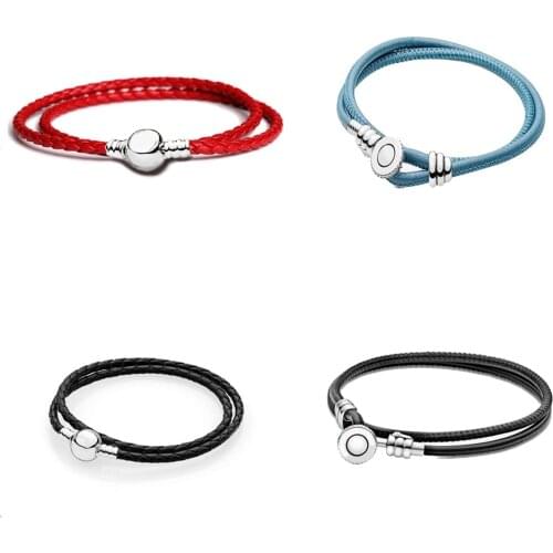 Authentic 925 Sterling Silver Moments Double Black Leather Bracelets Fit European Charms Original Bracelet For Women DIY Jewelry