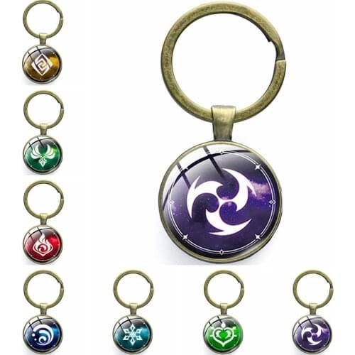 Genshin Impact Game Eye of God Water Wind Thunder Fire Rock Ice Element Key Chains Cosplay Keychain Pendant Keyring Prop