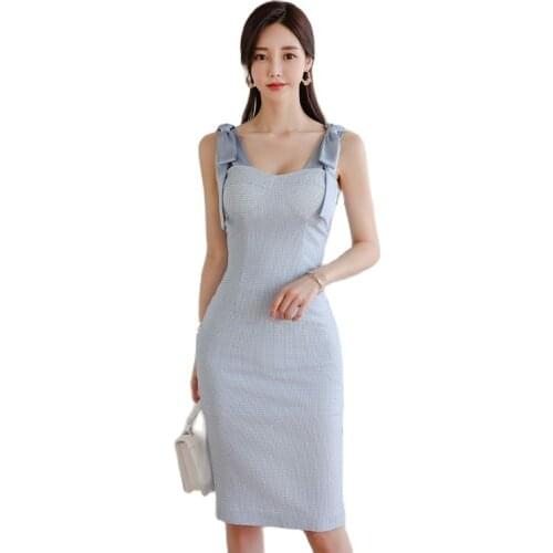 Blue office tight Dress one piece korean ladies Summer SLeeveless Square neck Sling cabaret Party Dresses for women