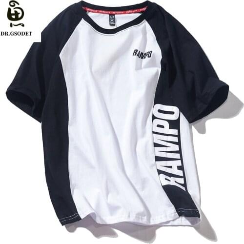 GSODET Summer T-Shirt Cotton Harajuku Hip-Hop Letters Short Sleeve Loose O-Neck Stitching Contrast Mens and Womens Tops