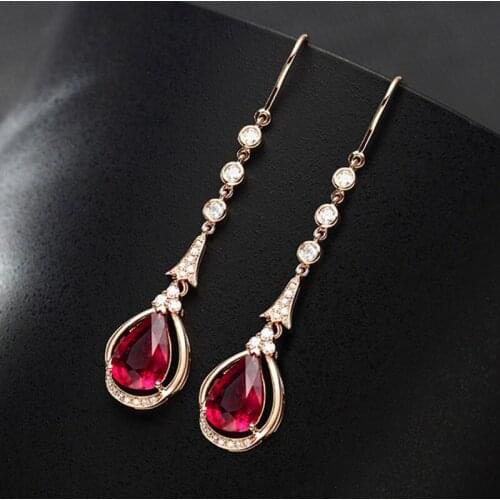 925 New Fashion High-end Temperament Drop-shaped Rose Simulation Red Tourmaline Inlaid Zircon Long Earrings For Women Jewelry