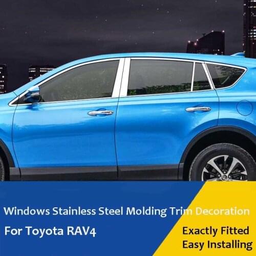 Full Set Stainless Steel Side Windows Molding Sill Trim Decoration w/ Center Pillar Fit For Toyota RAV4