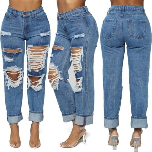 Sexy Hollow Out Ripped Hole Jeans Women Casual Loose High Waist Straight Leg Jeans Female Vintage Fashion Distressed Denim Pants