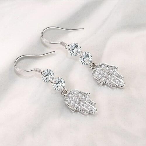 925 Sterling Silver Zircon Fatima Hamsa Hand Piercing Drop Earring For Women Wedding Party Elegant Jewelry eh953