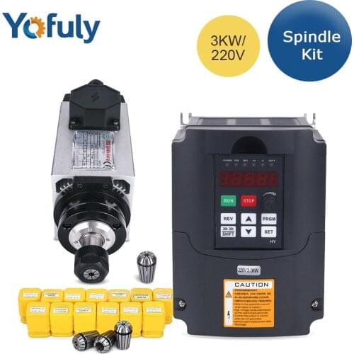 3KW Air Cooled Spindle 220V AC Motor Spindle ER20 3000W Square Milling Spindle+220V/3KW Frequency Inverter Spindle Speed Control