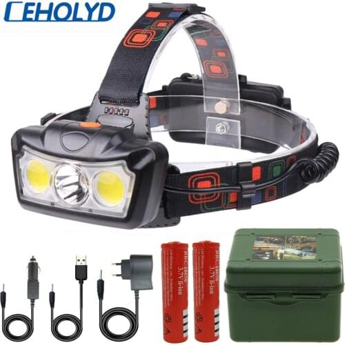 Super Bright LED Headlamp T6+2COB LED Headlight Head Lamp Waterproof Torch Lanterna Head Light Use 2*18650 Battery for Camping