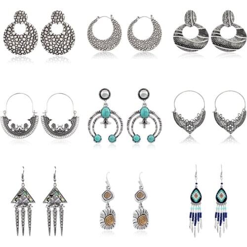 Retro Exaggerated Hollow Antique Round Pendant Earrings Lychee Pattern Crescent Shaped Spiral Geometry Bohemian Ethnic jewelry