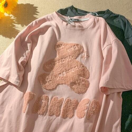 2021 Summer New Towel Embroidered Bear Short Sleeve T-Shirt Womens Loose Large Size Womens Top ins Wild