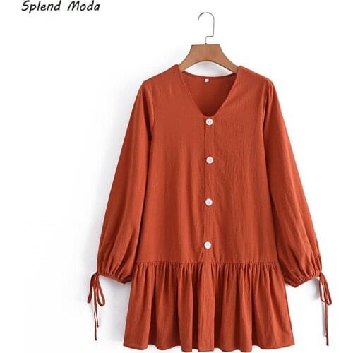 Splend Moda Autumn New Vintage Ruffle Buttons Orange V-Neck Long-Sleeve Folds Loose Cotton Dress Women Vestido Fashion Casual