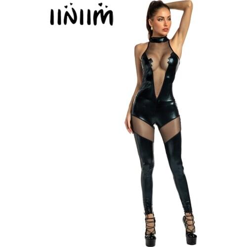 Womens Lingerie Sexy Bodysuit Patent Leather Leotard Stage Show Sleeveless Catsuit Clubwear Halter See-through Mesh Jumpsuit