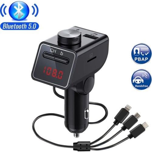 New Car Bluetooth 5.0 FM Transmitter Wireless Handsfree Audio Receiver Auto MP3 Player 3 charging ports Dual USB Fast Charger