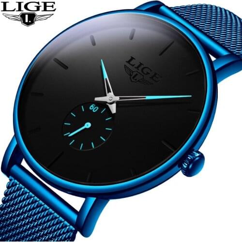 LIGE 2019 Fashion Mens Watches Top Brand Luxury Quartz Watch Men Casual Blue Mesh Steel Waterproof Sport Watch Relogio Masculino