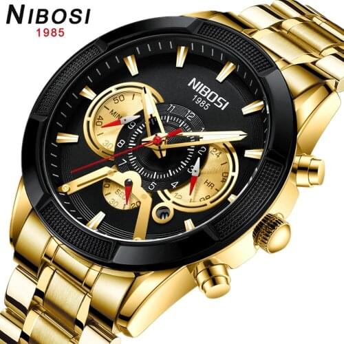 NIBOSI New Causal Sport Chronograph Mens Watch all Steel luxury Wristwatch Big Dial men Quartz Watches gold Relogio Masculino
