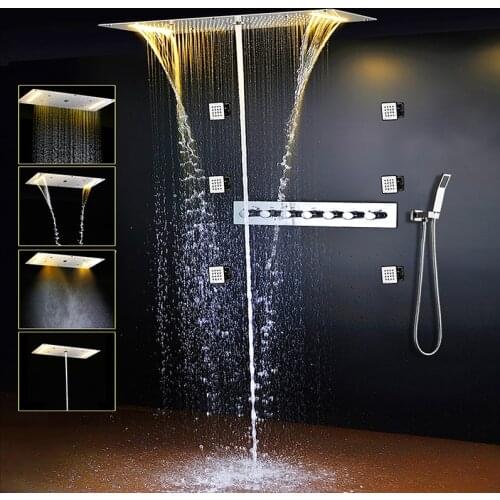 Bathroom Shower Set LED Ceiling Shower Head Rainfall Waterfall Faucet Hot and Cold Water Mixer Tap Thermostatic Concealed Shower