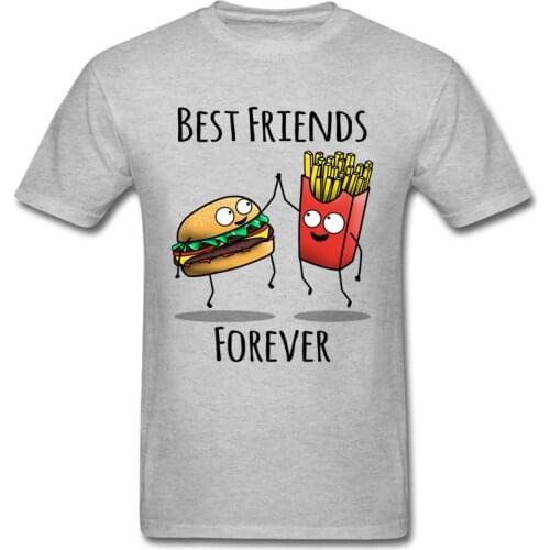 Best Friends Forever T-shirt Men Grey T Shirt Burger And Fries Tops Funny Cartoon Clothing Couple Match Tee Shirts Cotton