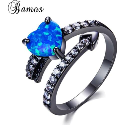 Bamos Luxury Female Black Gold Filled Ring Blue Fire Opal Jewelry Vintage Wedding Engagement For Women High Quality Rings