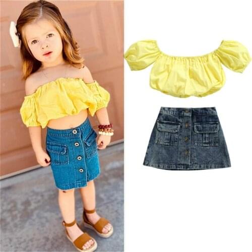 1-6 Years Baby Girls Clothes Sets 2021 Summer Children Off Shoulder Puff Sleeve Crop Tops + Denim A-Line Skirts Kids Outfits