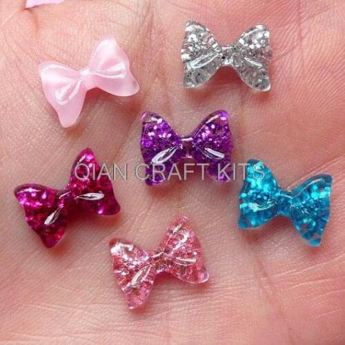 200pcs Tiny Bow Bowtie Cabochon Set with Glitter (12mm) Fake Miniature Cupcake Topper Earring Making Nail Art Decoration