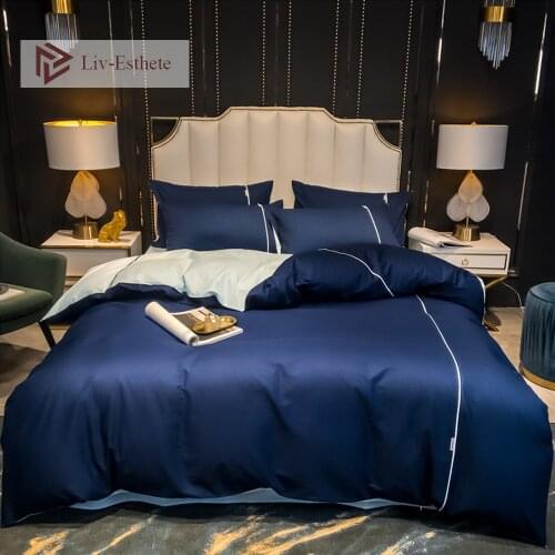 Liv-Esthet Modern Blue 100% Cotton Men Bedding Set Solid Soft Bed Linen Set Duvet Cover Pillowcase Flat Sheet Queen King Women