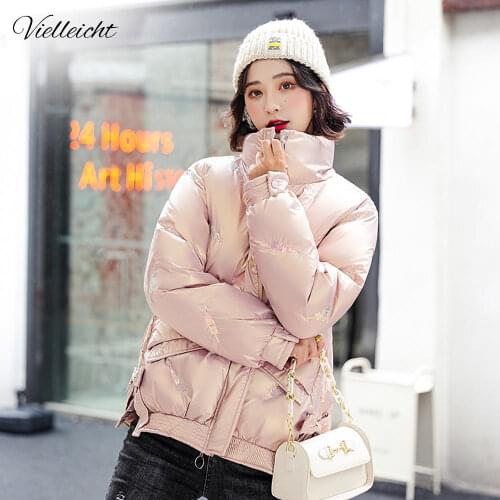 Vielleicht New Fashion Female Winter Windproof Jacket Casual Stand Collar Glossy Sequins Women Winter Parkas Short Coat Outwear
