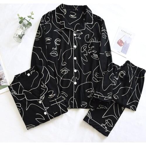 New spring and autumn couples 100% cotton pajamas long-sleeved trousers two-piece female abstract painting home service male