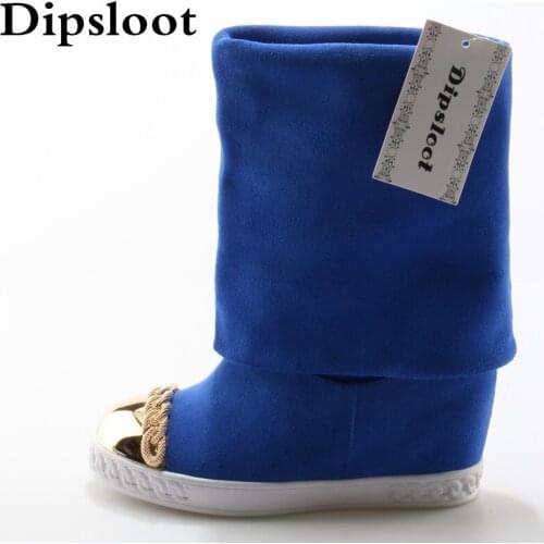 Autumn Fashion Blue Suede Leather Women Slip On Boots Metal Round Toe Ladies Increasing Heel Boots Casual Style Mid-Calf Boots