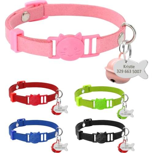 Cat Collar Personalized Cats Breakaway Quick Release Safety Kitten Collar Engraved Fish ID Tag Name Necklace With Bell