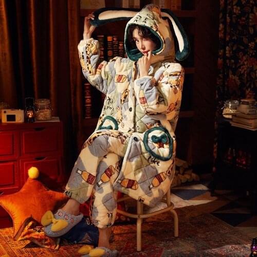 Hooded pajamas womens autumn winter facecloth facecloth thick warm cute long section home clothes pajamas for women robe sets
