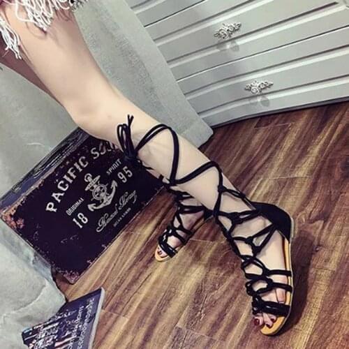 New Knee Length Sexy Cross-Tie Beach Sandal Women Gladiator Sandals Women Cross Strap Tall Sandals Boot Outdoor Sandals Shoes
