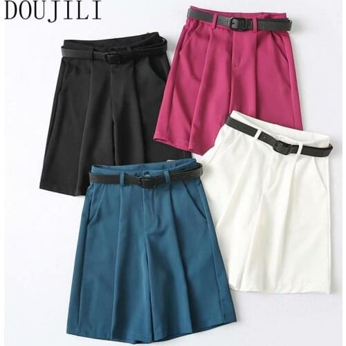 DOUJILI Casual Wearing Shorts Solid Color High Waist With Belt Zipper Fashion Ladies Short Pants Summer Bottom