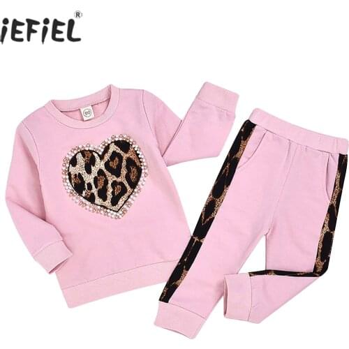 Spring Children Clothing Toddler Girls Clothes Pink Long Sleeve Leopard Tops Long Pants Outfit Suit Kids Tracksuit For Girls Set