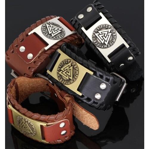 Nodic viking Vegvisir Compass leather amulet odin symbol bracelet -adjustable size 19-28 cm